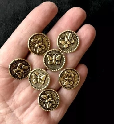 7 Butterfly Buttons Dark Gold Tone Metal Shank Round 2cm / 0.75 Inches - Image 1 of 4