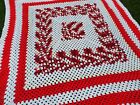 Vintage Handmade Crocheted Afghan Red White Granny Square Blanket Throw 62X62