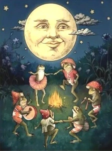Anthropomorphic Full Moon Dancing Musician Frogs Around Fire Canvas Print Poster - Picture 1 of 1