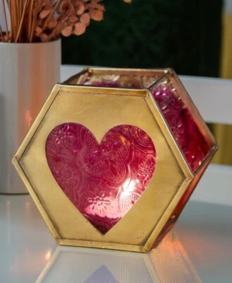Hexagon Heart Lantern - T Light Holder Red Love Heart Glass and Metal Lighting - Image 1 of 4