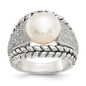 Sterling Silver Antiqued Cultured Pearl and Diamond Ring Size 8 for Women 9.9gm - Picture 1 of 7