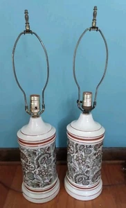Set Pair Tall Ceramic Brown Off White Turquoise Paisley Table Desk Lamps Rustic - Picture 1 of 12