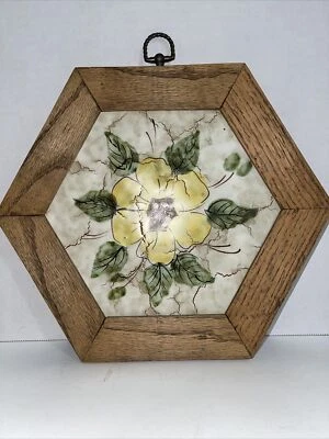 Tile Trivet Floral Ceramic Wood-Framed Wall Hanging Hand-Painted Signed Italy - Image 1 of 4