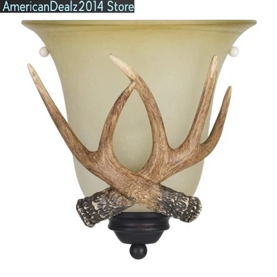 10" Black Walnut Antler Wall Light Glass Shade Cabin Lodge Decorative Sconce - Image 1 of 4