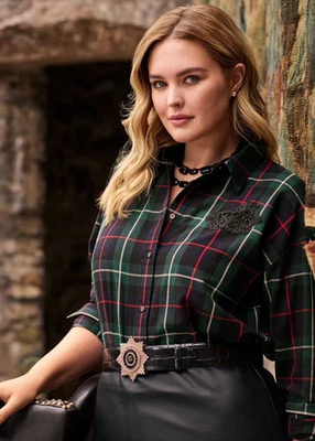 Lauren Ralph Lauren Women Multi Bullion-Patch Plaid Twill Shirt Size XL NWT 145$ - Image 1 of 4