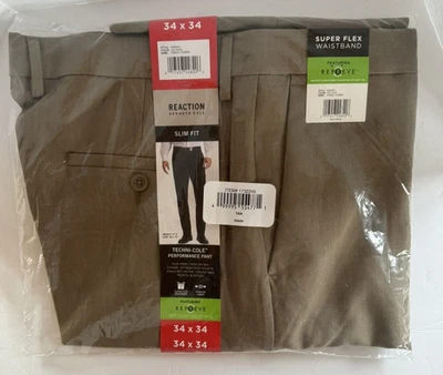 Pantalones Kenneth Cole Reaction para Hombres 34X34 TAN SLIM Frente Plano Super Flex Cintura Foto 1 de 4