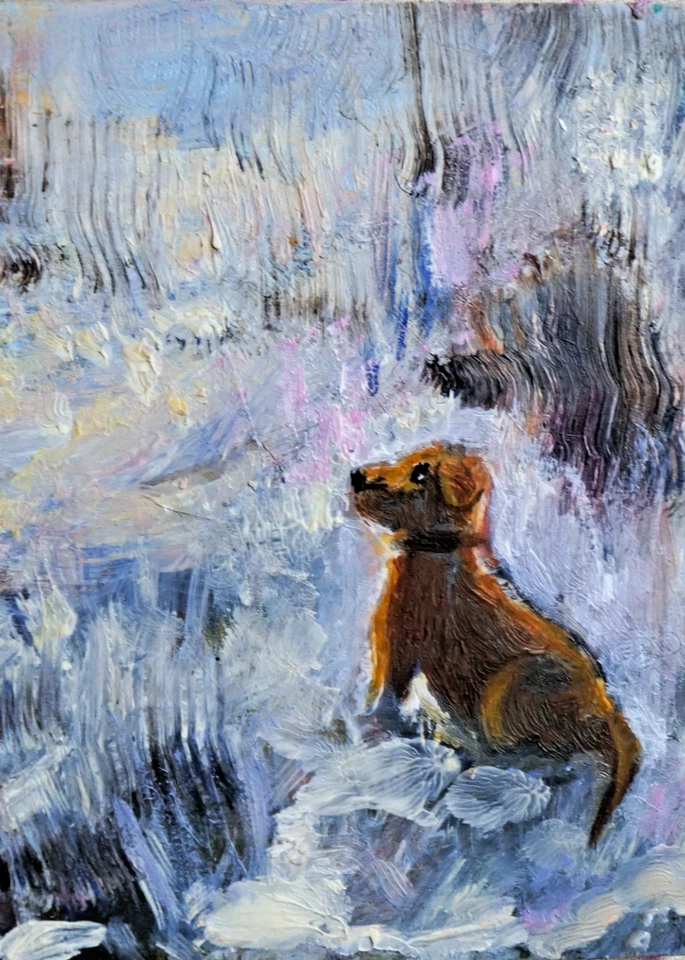ACEO oil painting original Dog on a frosty morning by Dora Pilssala - image 1 of 1