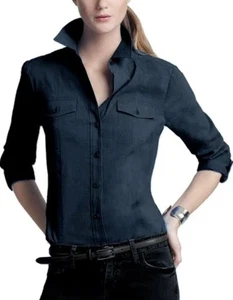 Theory $245 Dervan Long Sleeve Roll Tab Button-Up Shirt in Dark Blue Size Medium - Picture 1 of 8