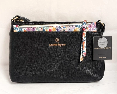Nanette Lepore Mirabel Crossbody Purse Black Pebble Leather & Ditsy Floral Pouch - Image 1 of 4