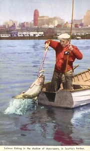 Postal de pesca de salmón en la sombra rascacielos puerto de Seattle Washington - Imagen 1 de 2