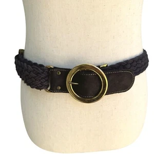 Vintage Womens Navy Gold-Tone Buckle Suede Leather Accents Braided Rope Belt - Picture 1 of 8