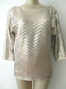 WHITE HOUSE BLACK MARKET SILVER & GOLD SEQUIN EMBELLISHED 3/4 SLEEVE TOP SIZE M - Picture 1 of 6