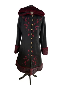 Joe Browns Size 14 Black Winter Wonderland Coat Embroidered Hooded Back Tie - Picture 1 of 11