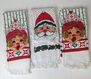 vintage lot of 3 kitchen towels Santa girl carolers Christmas set - Picture 1 of 8