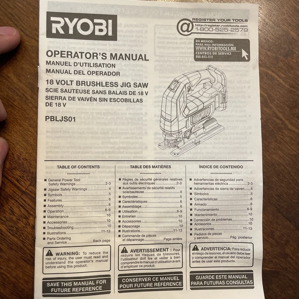 Ryobi Brushless Jig Saw Operator's User Manual PBLJS01 Instructions Only - Image 1 of 4