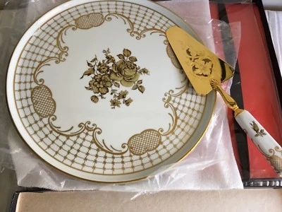 Французская фарфоровая тарелка для торта и сервер Dubarry Limoges новая в коробке золото/белый 12 дюймов - Изображение 1 из 4