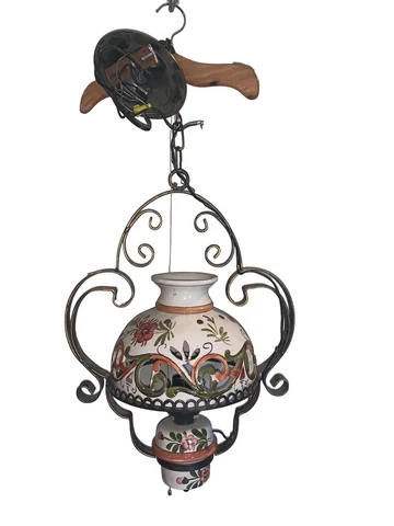 Antique Wrought iron Chandelier Ceramic Pottery Shade Italian Tole 33” Tall Rare Cover