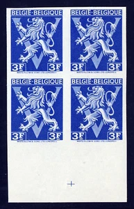 BELGIUM — SCOTT 350v — 1944 3f LION RAMPANT — MNH IMPERF BLOCK/4 — BLUE COLOR - Picture 1 of 3