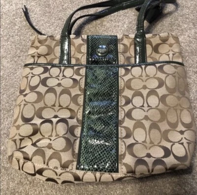 Coach F25706 Signature Stripe Python Tote Satchel Shoulder Bag Khaki Green - Image 1 of 4
