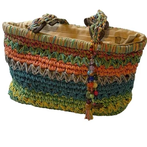 Cappelli Straworld mehrfarbig gewebte Beuteltasche mit Perlenanhänger Beachy Boho sauber - Bild 1 von 11