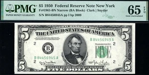 1950 $5 New York *NARROW* Federal Reserve Note FRN • 1961-B • PMG 65 EPQ - Picture 1 of 2