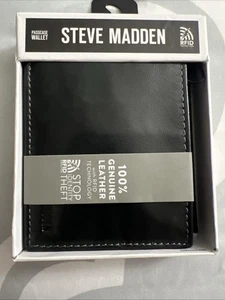 Steve Madden Genuine Leather Men’s Passcase Wallet - Black RFID Technology - Picture 1 of 5