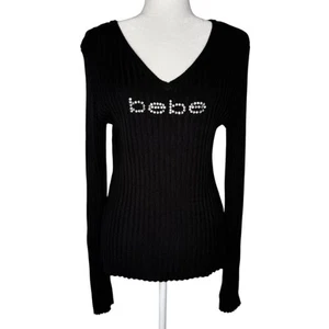 Vintage Y2K Bebe Stretch Knit Sweater Womens Large Rhinestone V Neck Black Bling - Picture 1 of 8