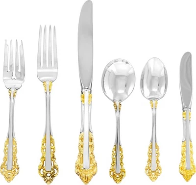 Medici golden sterling flatware set, 6 place set for 12 & 6 serving pieces. - Image 1 of 4