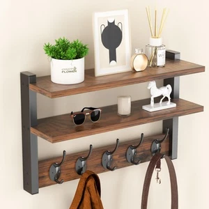 Two-Tier Wall Shelf with Hooks,17" Coat Rack Wall Mount with Shelf,Key Hooks ... - Picture 1 of 6