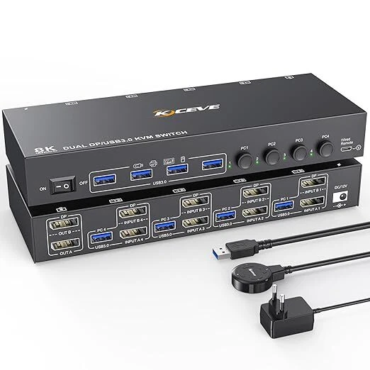 DP KVM Switch 4 Computer 2 Monitore, KCEVE Displayport USB 3.0 KVM-Umschalter - Bild 1 von 3