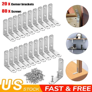 20 Pcs L Bracket Corner Brace Sets Silver Stainless Steel 90 Degree Right Angle - Picture 1 of 12