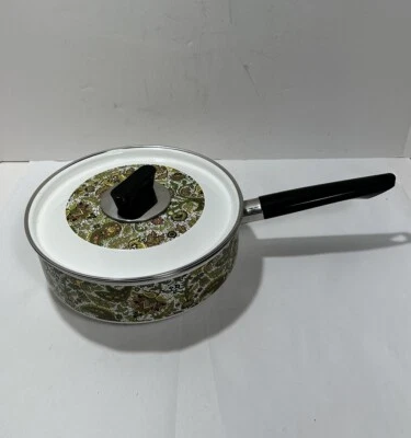 Vintage MCM 70s Fancipans Avocado Green Paisley Porcelain Enamel Pan Pot 9” - Image 1 of 4