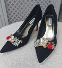 *NEW DUNE SIZE 7/40 GORGEOUS BLACK SUEDE ROSE CRYSTAL FLOWERS HIGH HEEL SHOES*