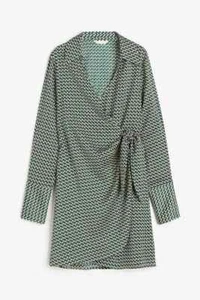 New H&M Dark Green Patterned Elasticated Back Seam Satin Wrap Shirt Dress - M - Picture 1 of 7