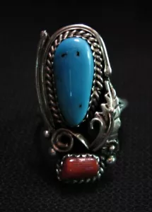 Turquoise & Coral Sterling SIlver Ring with Leaf - Navajo Handmade - Picture 1 of 4