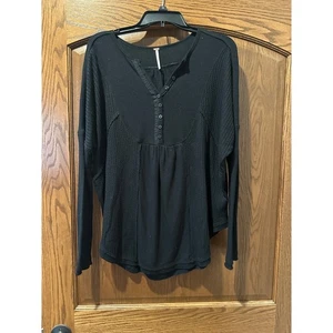 Free People Black Long Sleeve Waffle Knit Button Henley Top XS - Picture 1 of 5