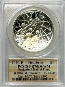 2020-P Basketball Hall of Fame $1 Colorized, PR 70 DCAM, PCGS, NR. - Picture 1 of 2