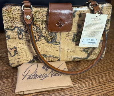 NUEVO CON ETIQUETAS Patricia Nash Bolso de Mano de Cuero Cartera Colección Mapa Europeo RIENZO PRECIO DE VENTA SUGERIDO POR EL FABRICANTE $249 Foto 1 de 4