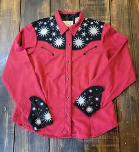Roper Western Cowgirl Shirt XL Red Starburtst Embroidered Bling Pearl Snaps - Picture 1 of 10