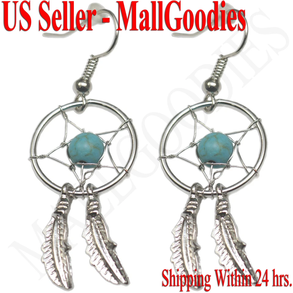 Pendientes atrapasueños turquesa E001 atrapasueños plumas cuentas Foto 1 de 1