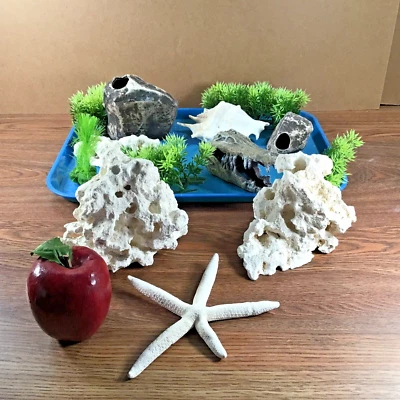 Fish Tank Décor White Rocks w/Holes Starfish Conch Shell Plastic Aquarium Plants - Image 1 of 4