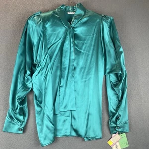 VTG Sal Antony 100% Silk Blouse Sz 10 NWT Green Tie Neck Long Sleeve Retro 80s - Picture 1 of 12