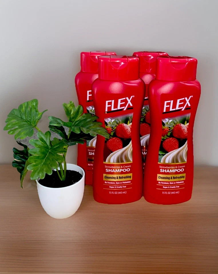 Champú FLEX Fresas y Crema 4 Botellas 🍓Vegano y Libre de Crueldad 15 FL OZ Cada una Foto 1 de 1