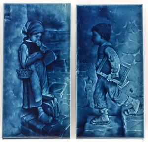 Antique Pair Of Fireplace Tiles Blue Majolica Craven Dunnill & Co 12" x 6" C1880 - Picture 1 of 5