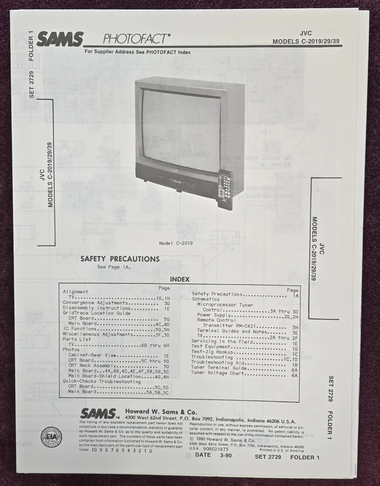 Sams Photofact 2729-1 Service Manual for JVC C-2019, C-2029, C-2039 - Image 1 of 1
