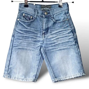 VTG Chams Denim Shorts Boys Sz 4 Blue Jean Baggy Skater Faux Leather Jorts Y2K - Picture 1 of 10