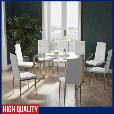 Square Tempered Glass Table & 4/6/8 Chair Sets Dining Kitchen Table w/ Metal Leg - Image 1 of 4