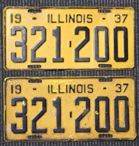 Vintage Yellow Black Illinois License Plate 1937 321 200 2 Pieces - Picture 1 of 2