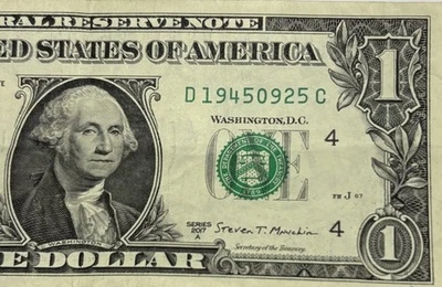 Birthday Note September 25 1945 Fancy Serial Number One Dollar BillD19450925C FW - Image 1 of 4