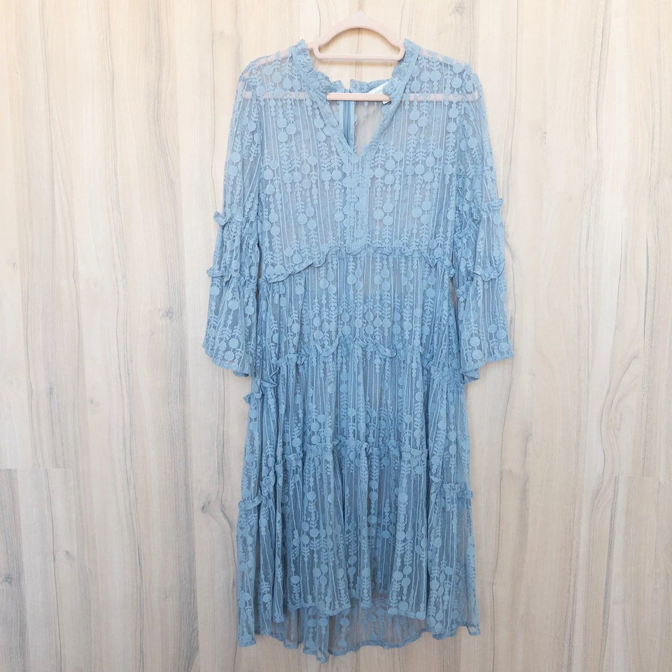 Vestido midi Sundance de encaje con volantes en capas talla LP azul boho hadas cabaña Shabby Chic Foto 1 de 4